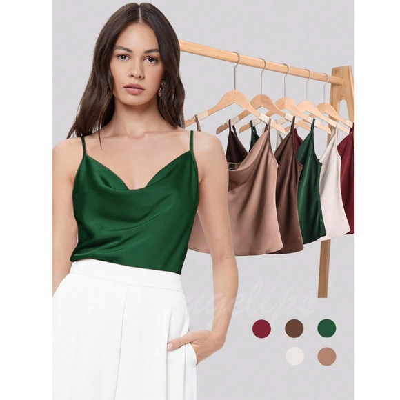 Green Glamorous Cowl Neck Spaghetti Straps Camisole Top Cami, Draped - Picture 9 of 10